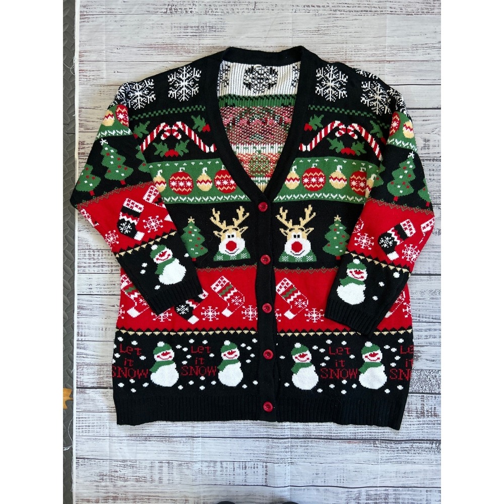 Womens Ugly Christmas Sweater Cardigan Reindeer Snowman Black Plus XXXL
